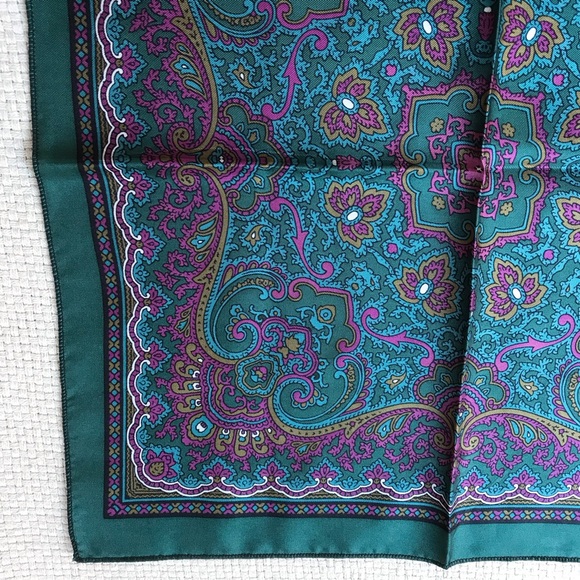 Silk square vintage paisley green & purple unisex scarf - Made in Italy - Picture 2 of 6